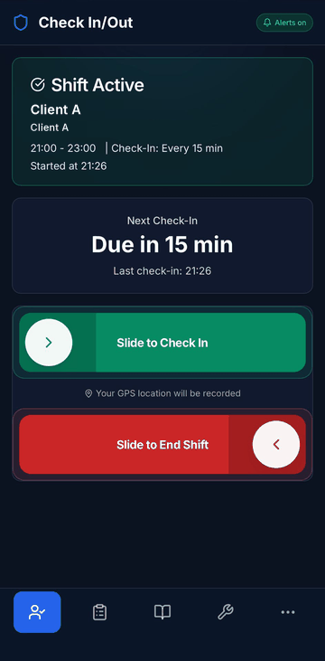 NightWarden field app Check In/Out screen: Shift Active, Next Check-In due in 15 min, Slide to Check In and Slide to End Shift (demo data)