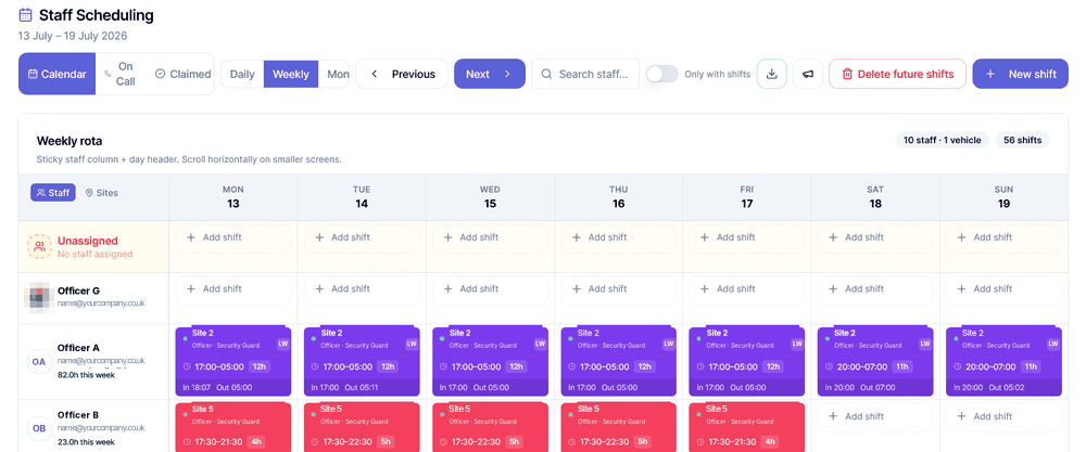 Staff Scheduling weekly rota, 13 July to 19 July 2026, showing staff rows and shifts by day (demo data)